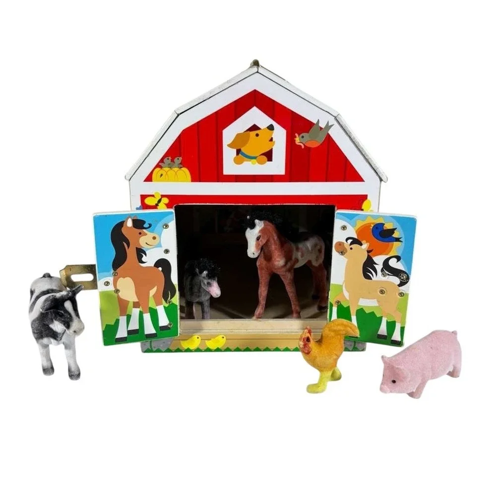 Melissa And Doug Wooden Latches Barn With Five‎ Animals Horse Pig Pony Cow Hen